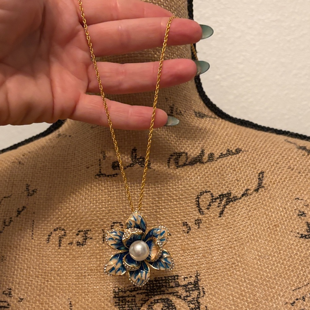 Gold and Blue Floral Pendant / brooch Necklace on a Joan Rivers chain